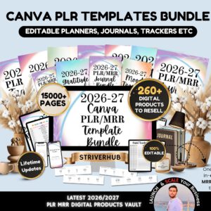 Canva PLR Templates Bundle, 15000+ Editable Planners, Journals, Trackers Templates, MRR Digital Products, Master Resell Rights